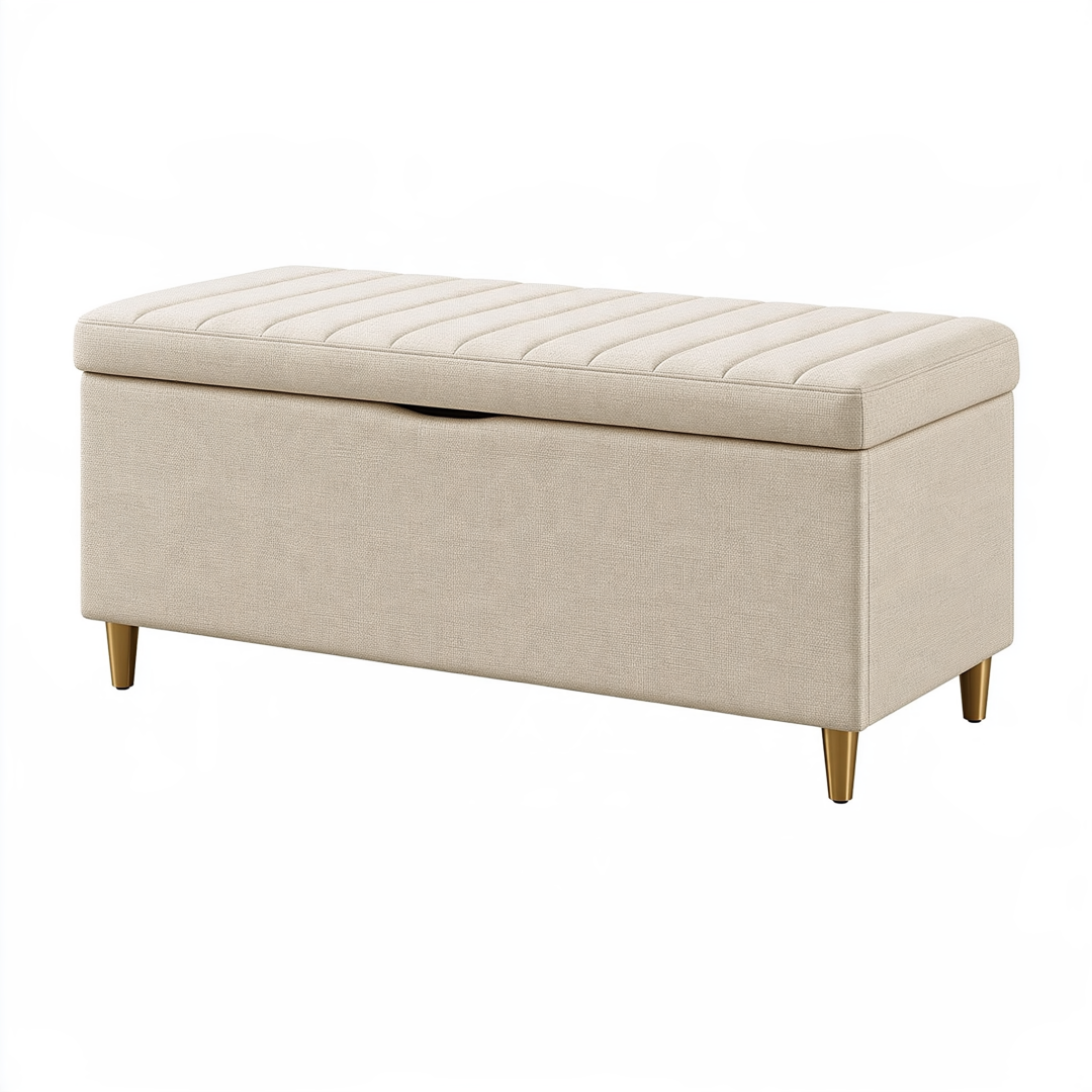 Banquette coffre de rangement 100 x 40 x 46 cm en tissu beige avec pieds métalliques dorés