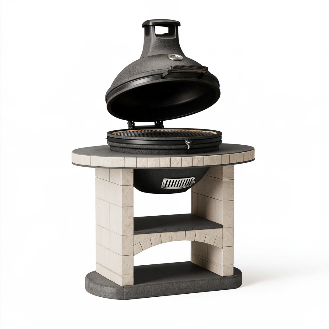 Barbecue kamado diamètre 120 cm en métal et pierre noir/beige pour extérieur avec grille de cuisson