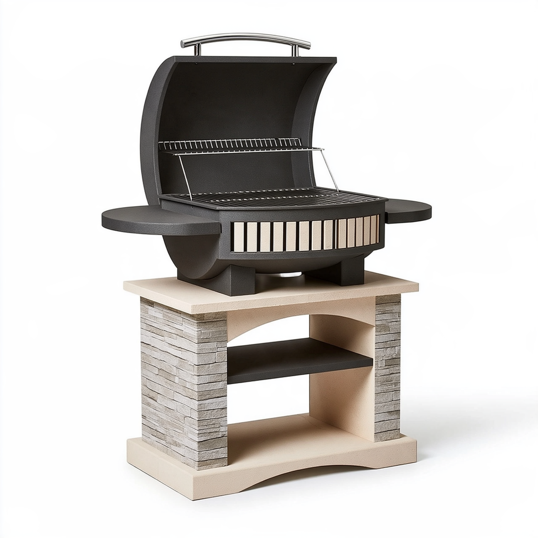 Barbecue de jardin 120 x 70 x 150 cm en acier noir avec support en pierre