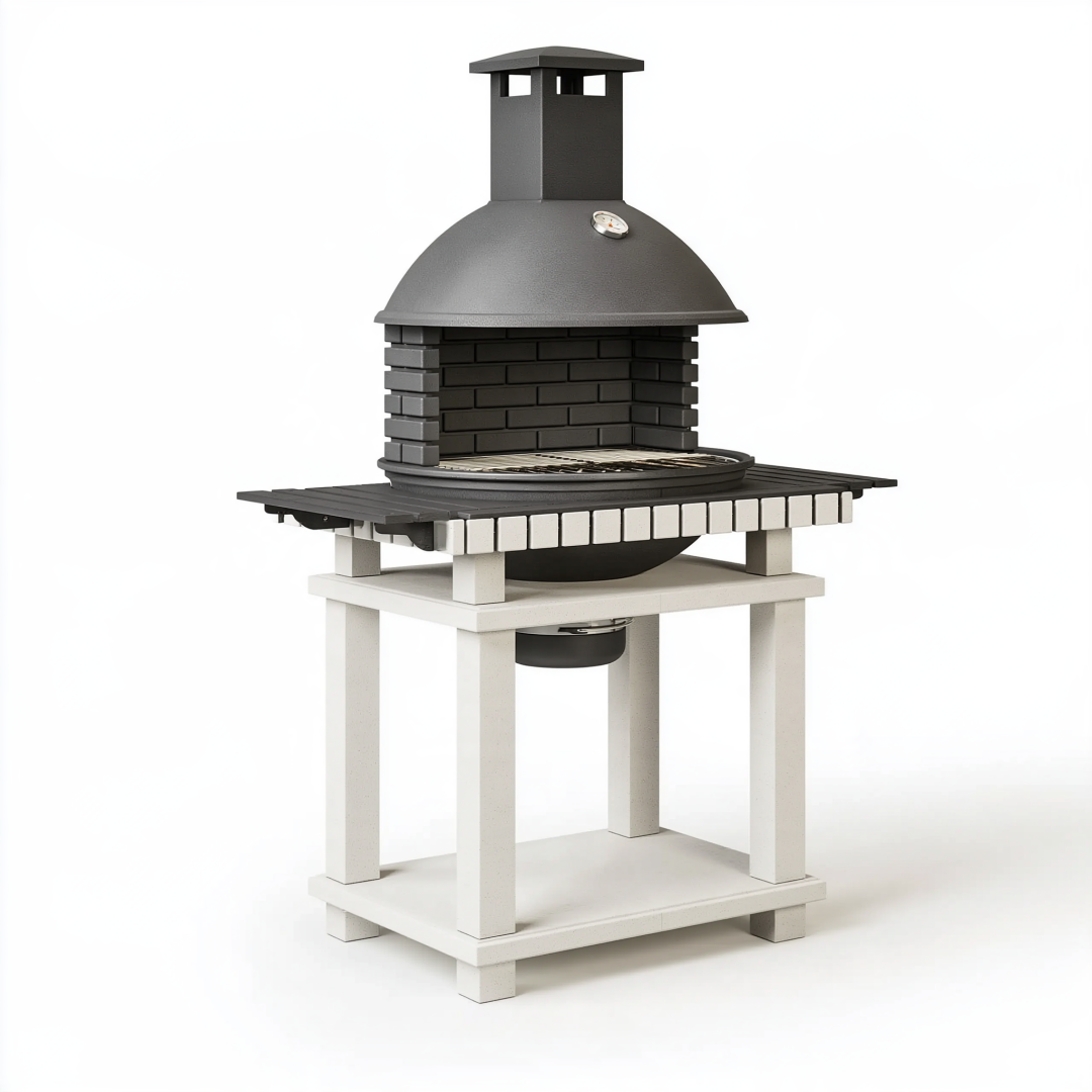 Barbecue de jardin 120 x 80 x 210 cm en acier noir et béton blanc avec cheminée et thermomètre
