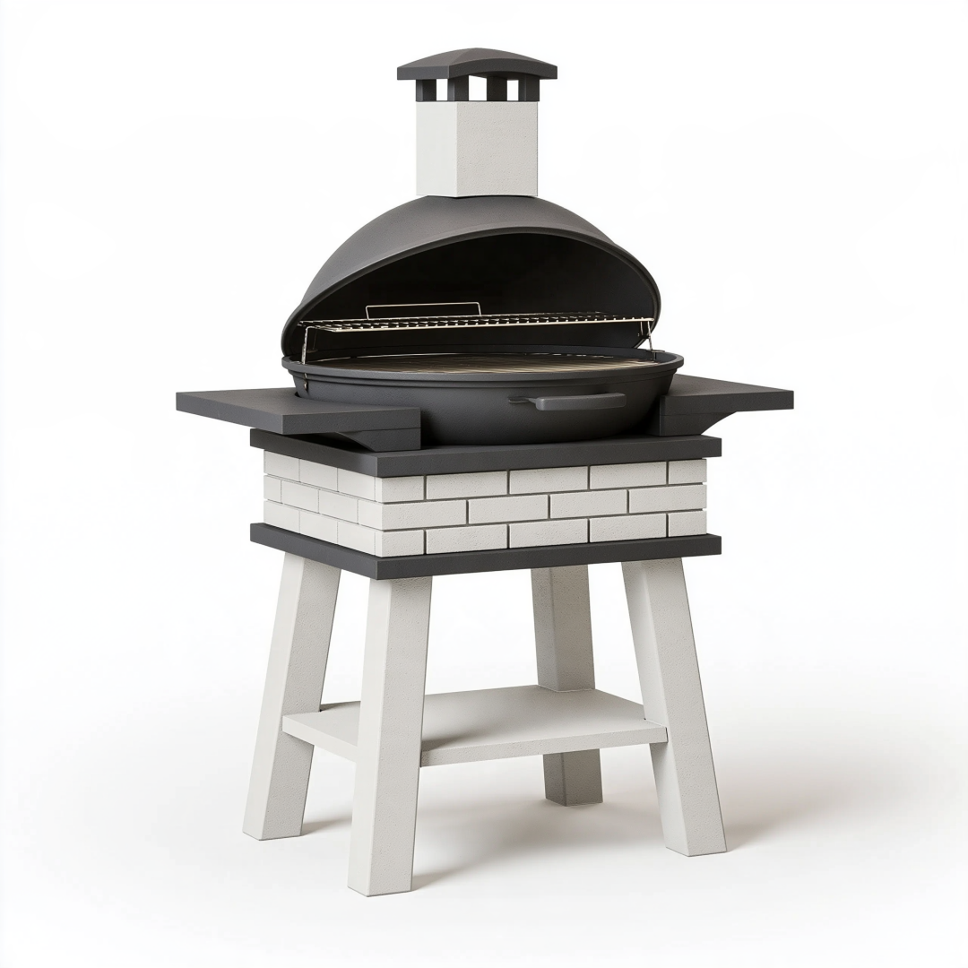 Barbecue extérieur sur pied 120 x 70 x 185 cm en acier noir et blanc avec couvercle et cheminée