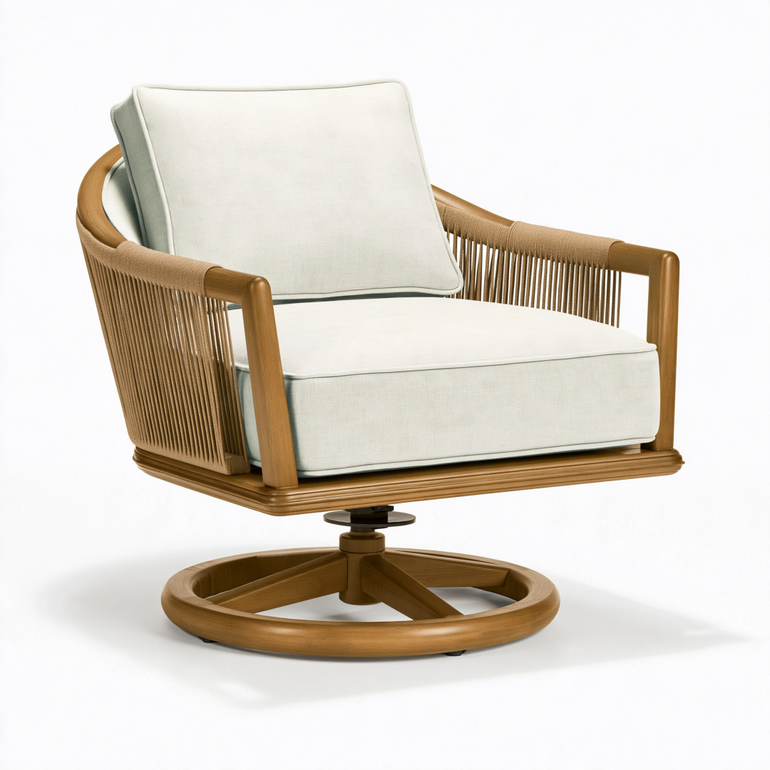 Fauteuil pivotant 82 x 88 x 84 cm en bois marron et tissu écru - style contemporain