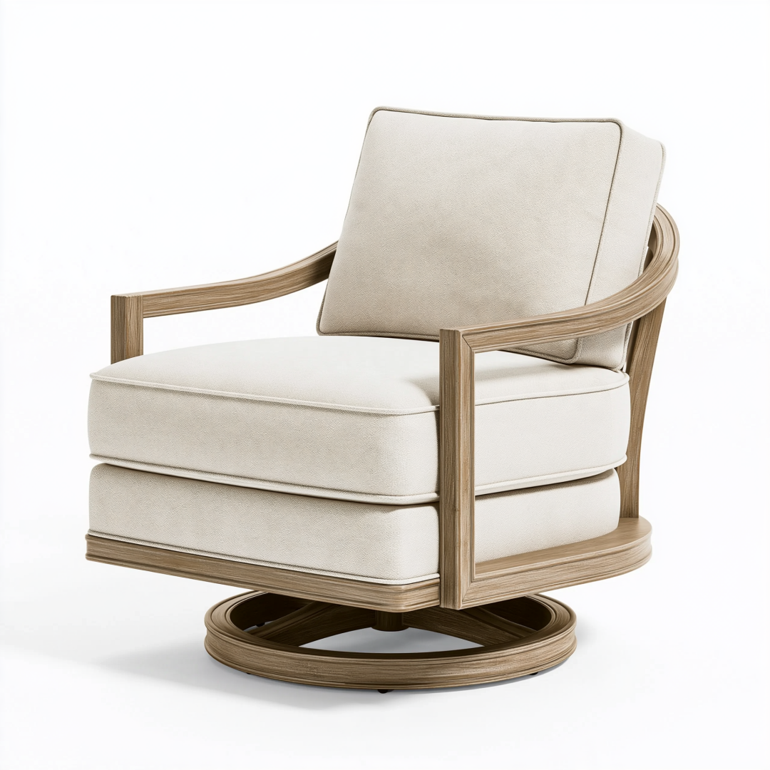 Fauteuil pivotant 78 x 82 x 90 cm en tissu beige et bois style contemporain