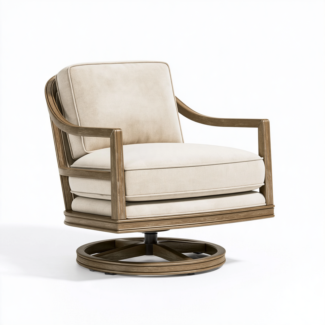Fauteuil pivotant 78 x 82 x 85 cm en bois marron et tissu beige - assise rembourrée