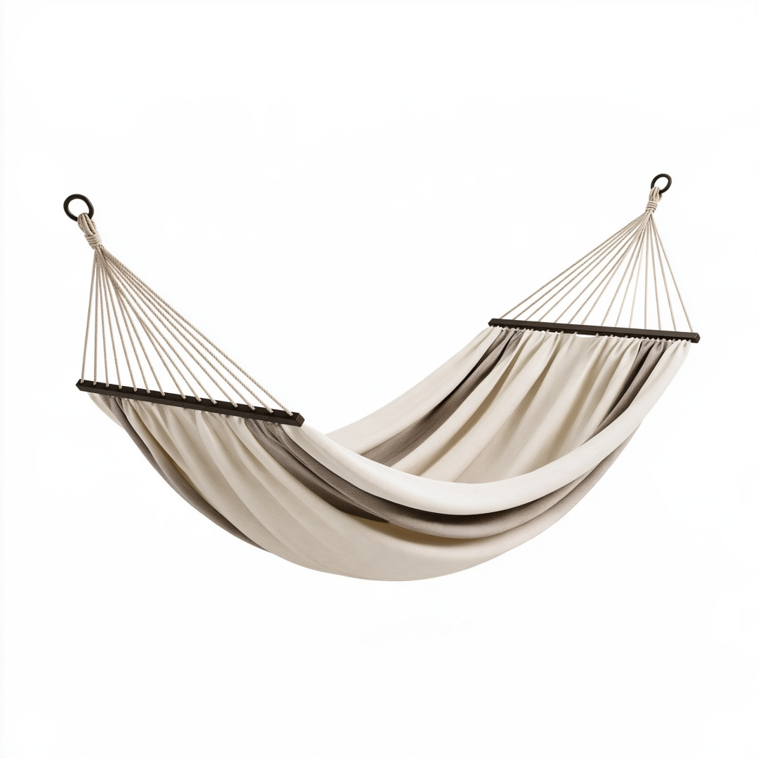 Hamac 300 x 140 cm en tissu tissé beige et taupe pour détente suspendue
