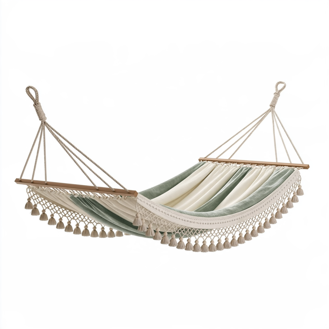 Hamac 200 x 100 cm en textile tissé vert et écru avec barres en bois style bohème