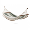 Hamac 300 x 100 cm en tissu vert et blanc avec barres en bois style bohème