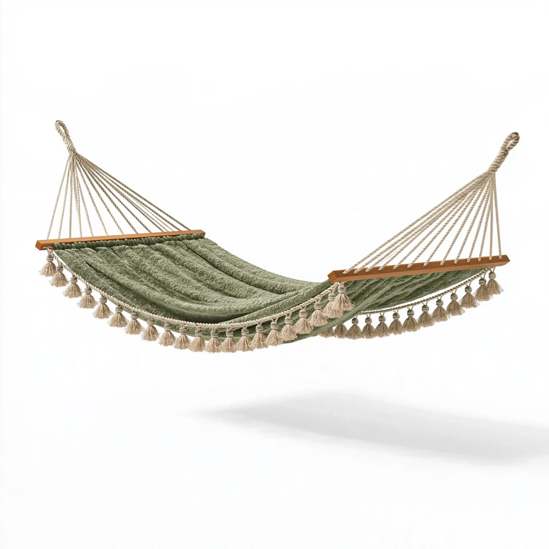 Hamac 320 x 100 cm en tissu tissé vert sauge avec barres en bois style bohème