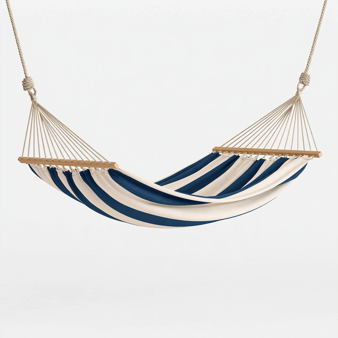 Hamac 300 x 100 cm en coton bleu marine et écru avec barres en bois pour jardin