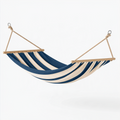 Hamac 200 x 80 cm en coton bleu marine et beige avec barres en bois pour jardin