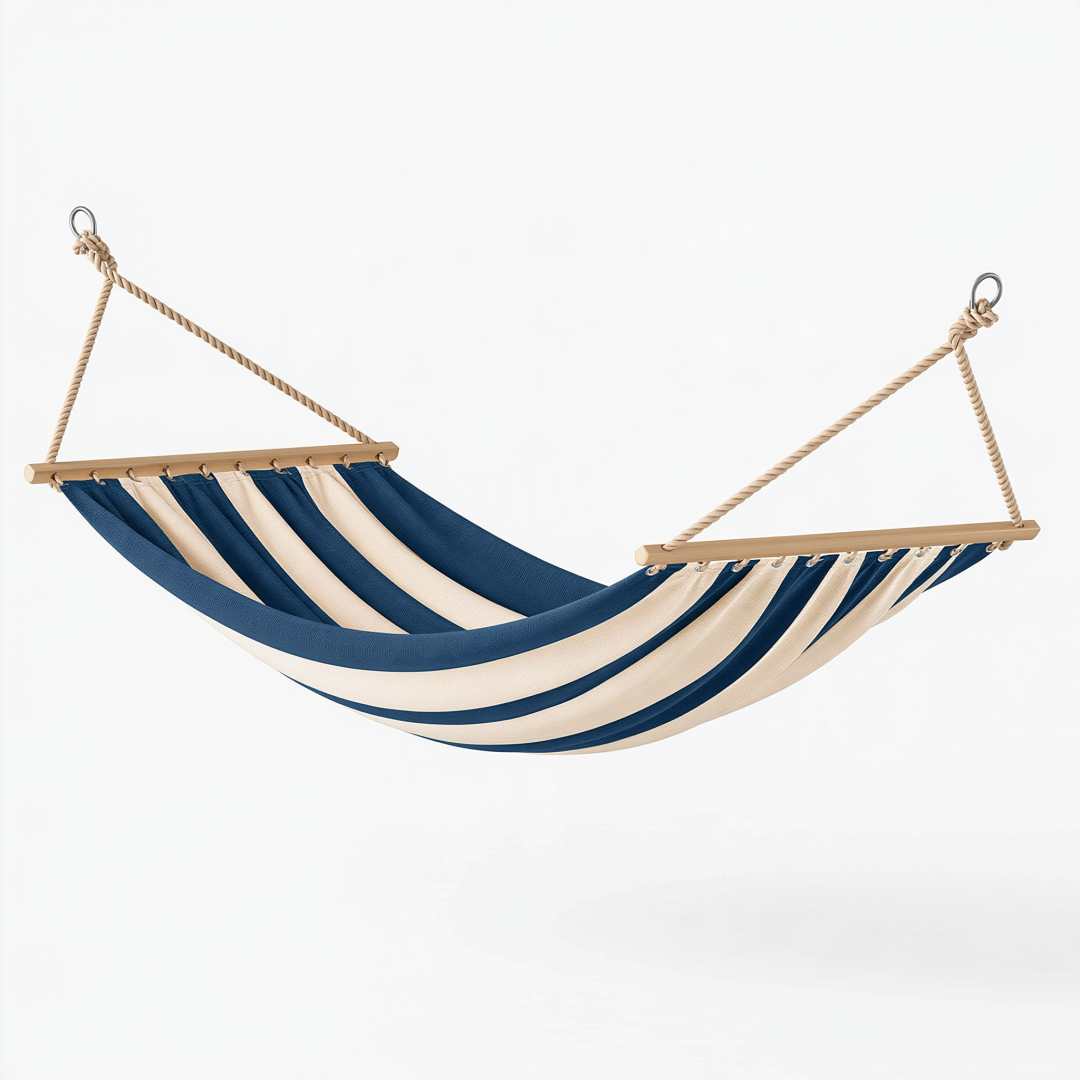 Hamac 200 x 80 cm en coton bleu marine et beige avec barres en bois pour jardin