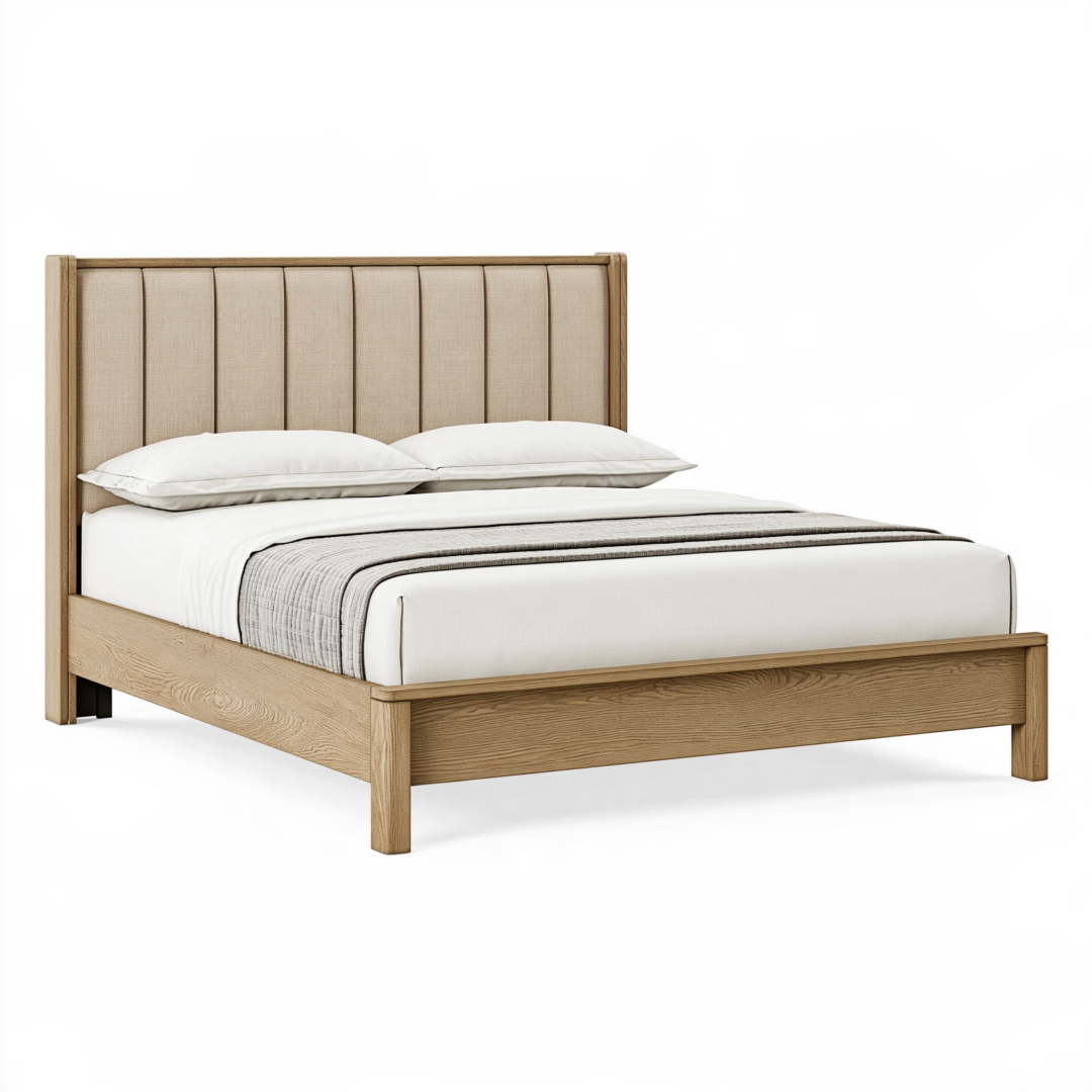 Lit 160 x 200 cm en bois beige avec tête de lit capitonnée style contemporain