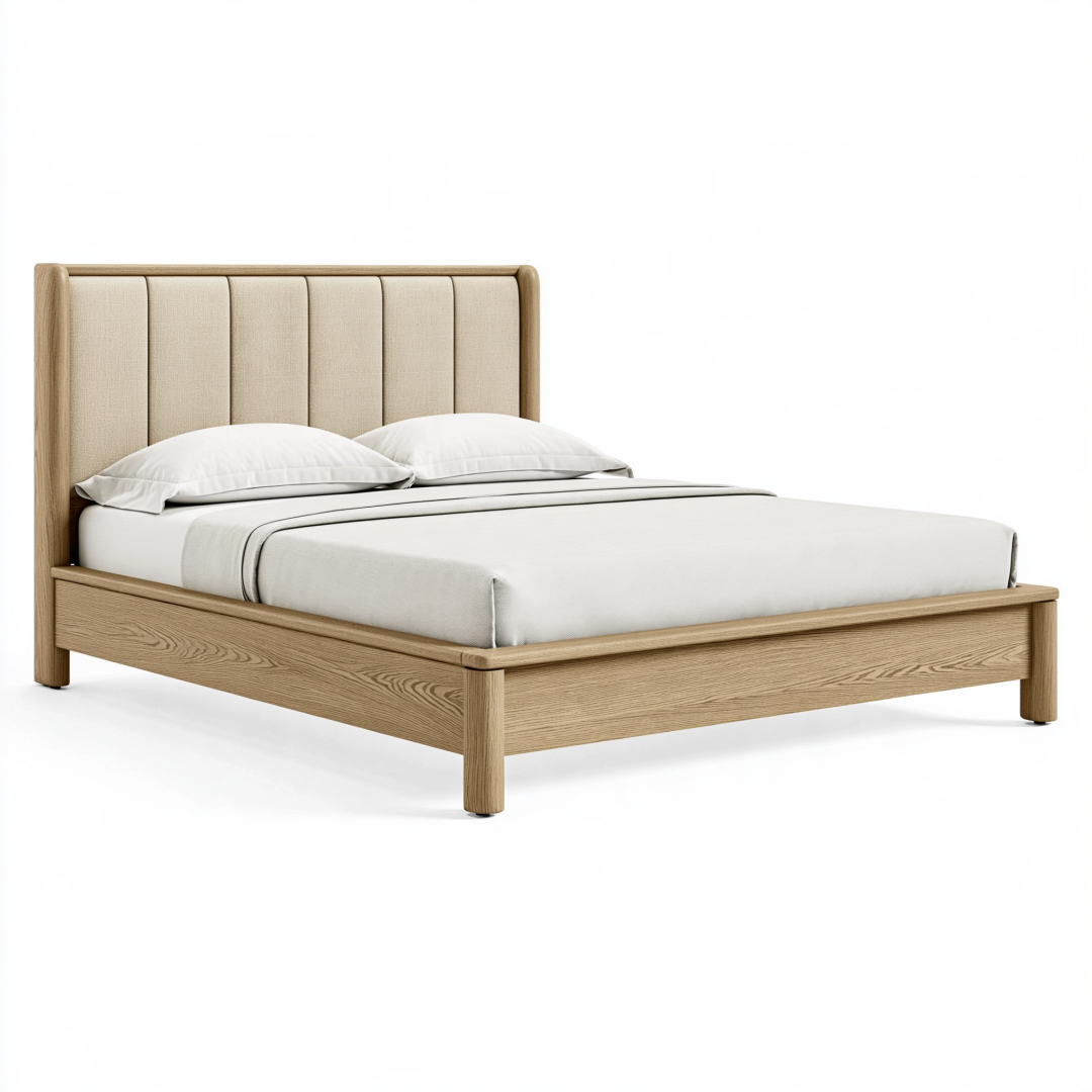 Lit double 160 x 200 cm en bois beige avec tête de lit rembourrée style contemporain