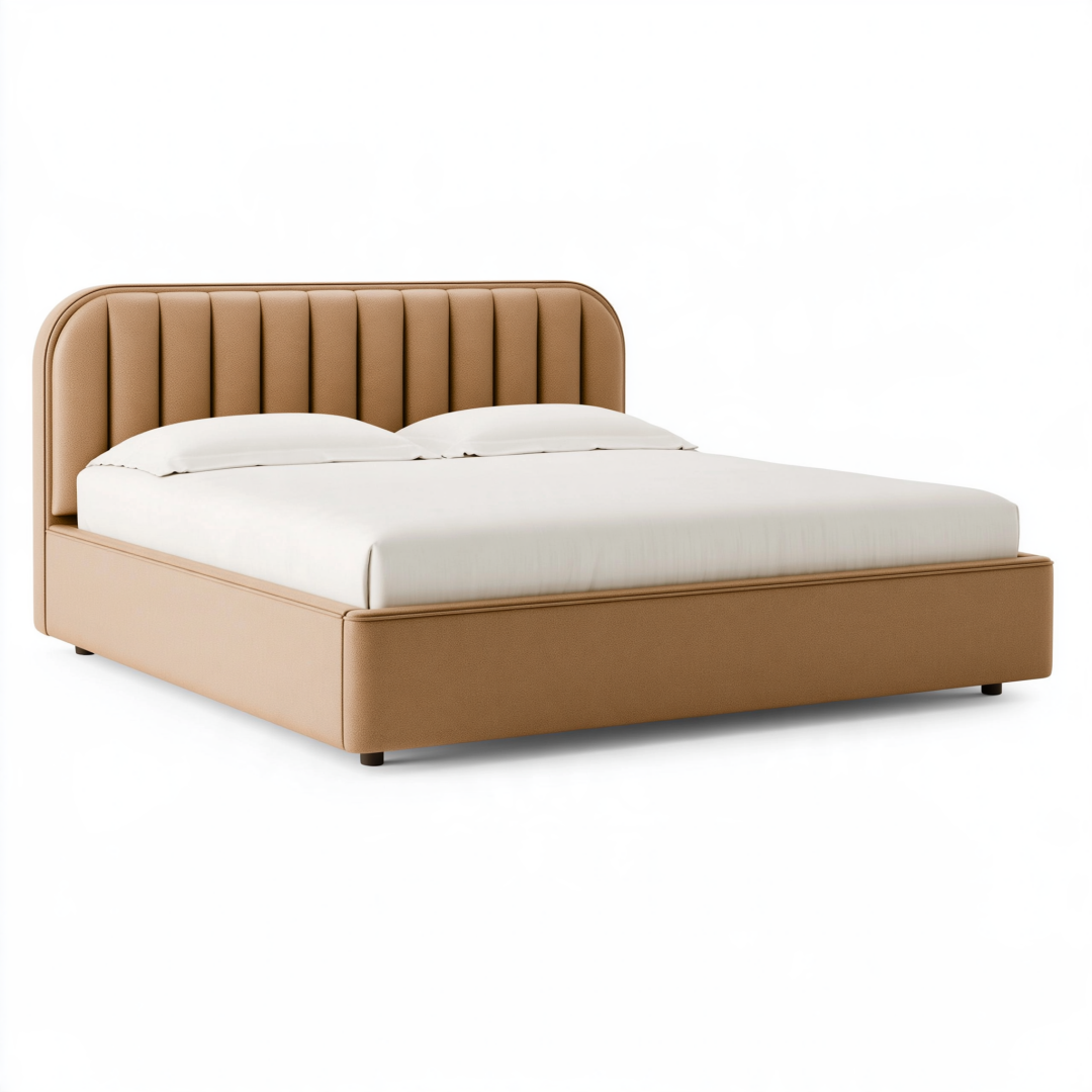 Lit double 160 x 200 cm en tissu beige avec tête de lit capitonnée