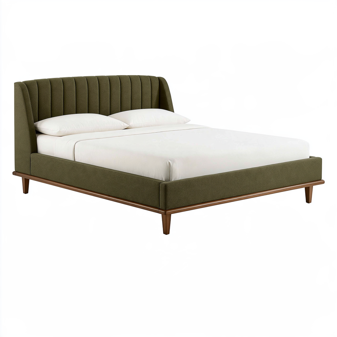 Lit double 160 x 200 cm en tissu vert olive avec tête de lit capitonnée et cadre en bois