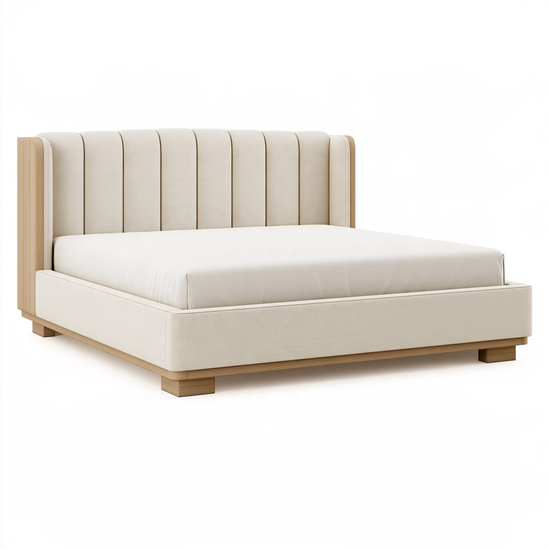 Lit double 160 x 200 cm en tissu beige et bois - tête de lit rembourrée style contemporain